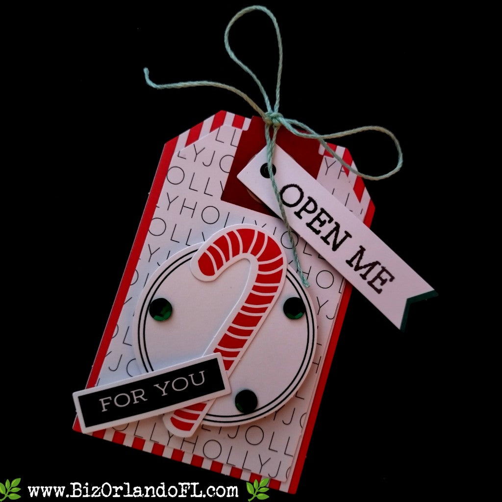 GIFT TAGS: Open Me -- For You Candy Cane Handstamped & Embellished Gift Tags / Holiday Ornaments by Kathryn McHenry (Green) -- Set of 2