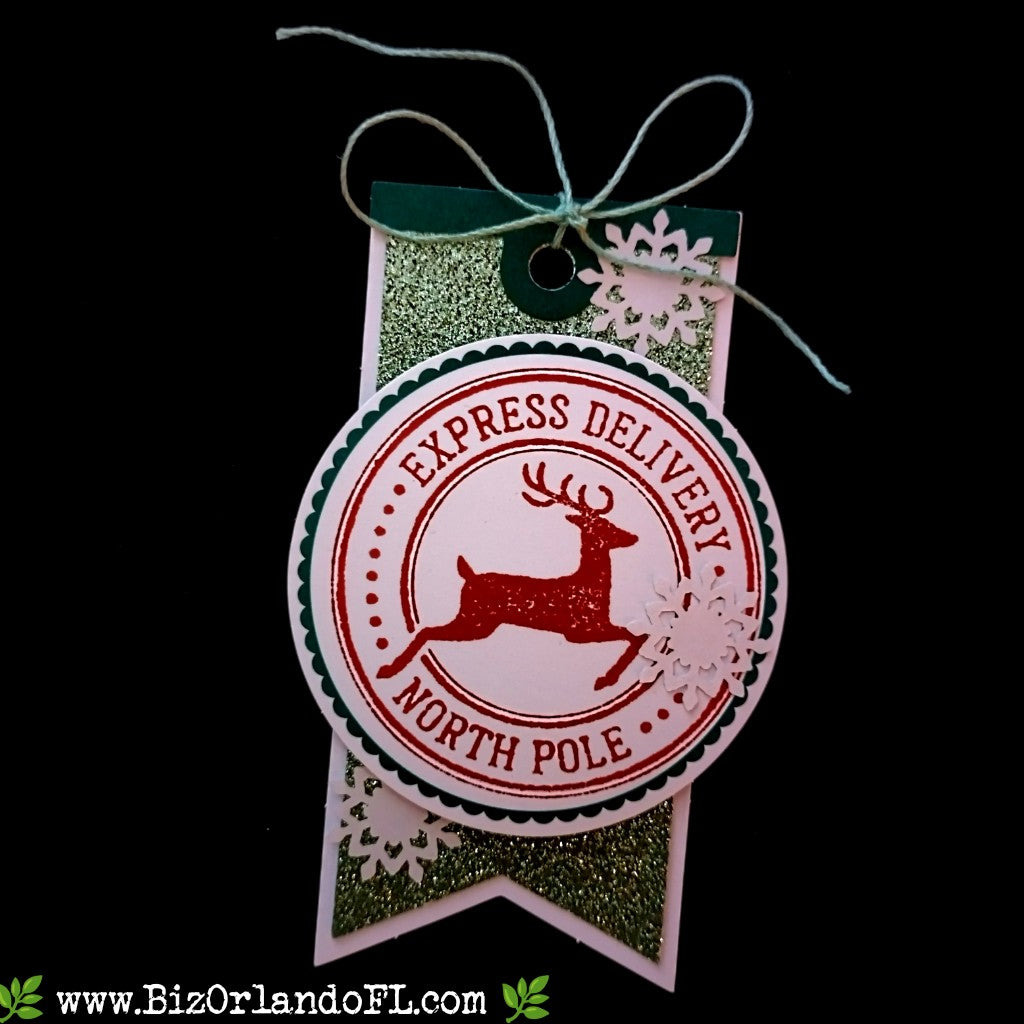 HOLIDAY: Express Delivery -- North Pole Reindeer & Snowflakes Handstamped & Embellished Gift Tag / Holiday Ornament by Kathryn McHenry